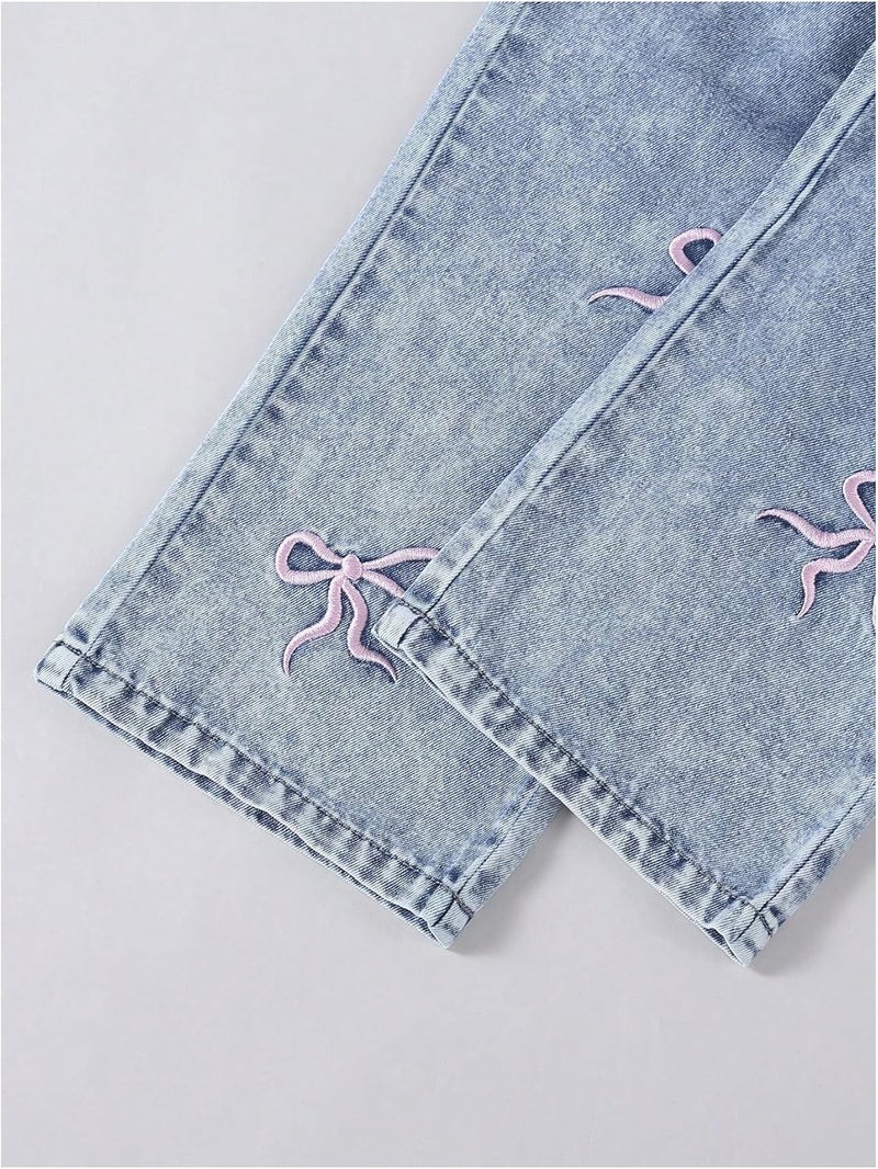 Verdusa Girl's Cute Bow Jeans Elastic High Waisted Straight Leg Casual Denim Pants with Pockets - Image 3